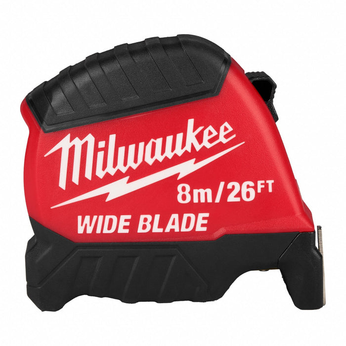 Milwaukee 48-22-1226 Wide Blade Tape Measure, Nonmagnetic Single Hook Tip, 26 ft / 8 m, Plastic, Black/Red