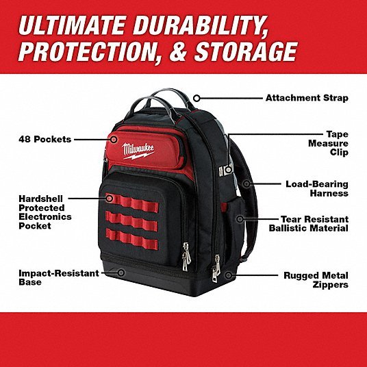 Milwaukee 48 - 22 - 8201 Tool Backpack 18 in W 9 7/16 in D 20 3/8 in H, Ballistic Nylon, Red, 46 Inside Pockets - KVM Tools Inc.KV416P44