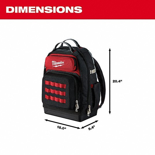 Milwaukee 48 - 22 - 8201 Tool Backpack 18 in W 9 7/16 in D 20 3/8 in H, Ballistic Nylon, Red, 46 Inside Pockets - KVM Tools Inc.KV416P44