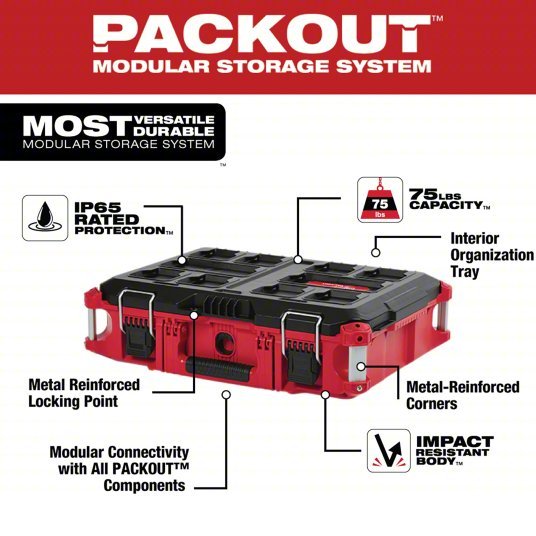 Milwaukee 48 - 22 - 8424 PACKOUT Tool Case 22 1/8 in Wd, 16 1/4 in Dp, 6 1/2 in Ht, Plastic, 5 Compartments - KVM Tools Inc.KV488A56