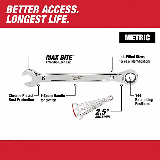 Milwaukee 48-22-9516 Combination Wrench Set Alloy Steel, Chrome, 15 Tools, 8 mm to 22 mm Range of Head Sizes