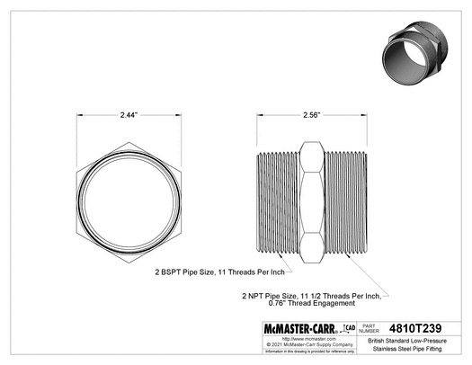 McMaster 4810T239 British Standard Low-Pressure 304 Stainless Steel Pipe Fitting Straight Adapter, 2 BSPT Male x NPT Male
