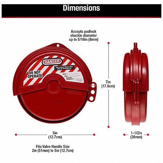 Master Lock 481 Gate Valve Lockout Collapsible Gate Valve Lockout, For 5 in Max Hand Wheel Dia, Red - KVM Tools Inc.KV2CJJ6
