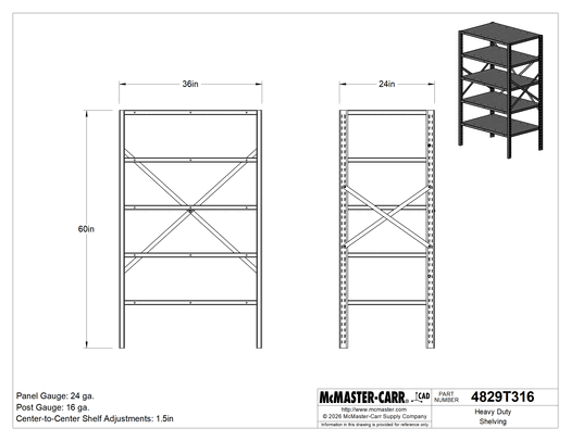 McMaster 4829T316 Heavy Duty Shelving, Open, 5 Shelves, 36" × 60" × 24", Painted Steel, Gray, 7,000 lb Capacity