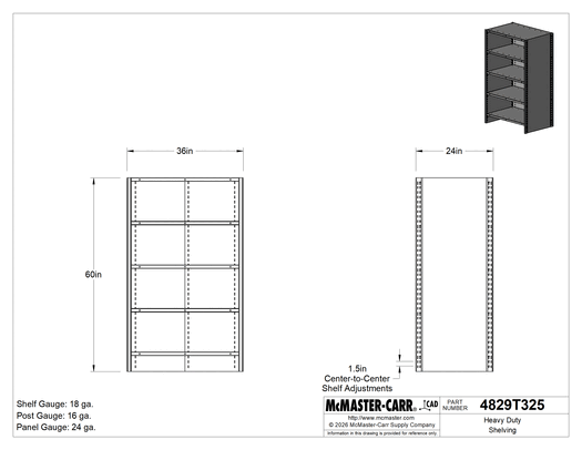 McMaster 4829T325 Heavy Duty Shelving, Closed, 5 Shelves, 36" × 60" × 24", Painted Steel, Gray, 7,000 lb Capacity