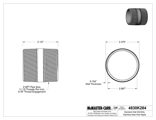 McMaster 4830K284 Standard-Wall 304/304L Stainless Steel Pipe Nipple Threaded on Both Ends, 2 NPT, 2-1/2" Long