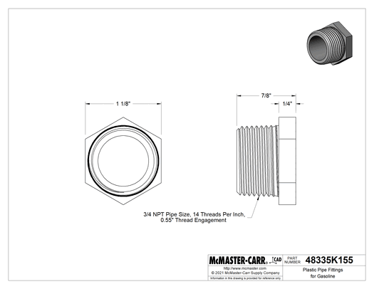 McMaster 48335K155 Nylon Plug with External Hex Drive, 3/4 NPT Male, for Gasoline