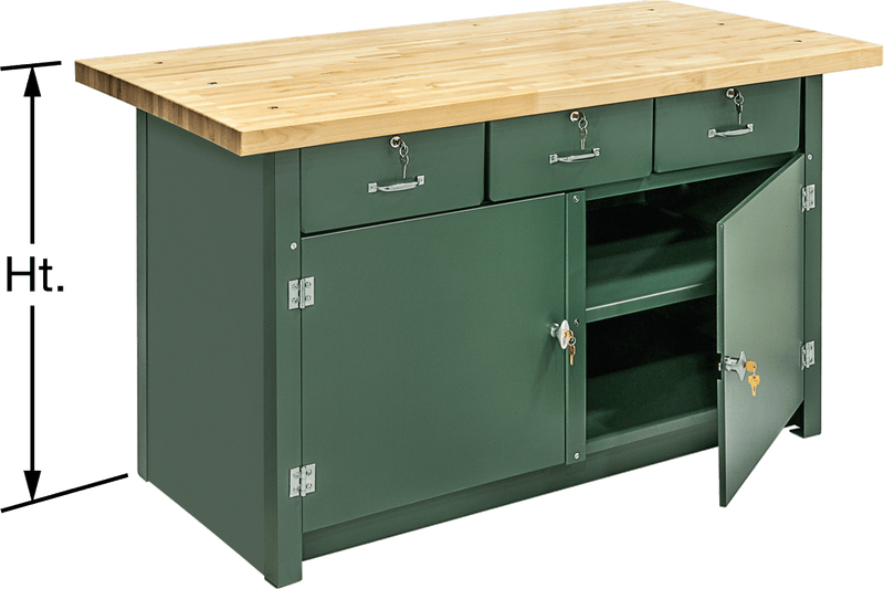 McMaster 4879T41 Heavy Duty Large-Capacity Cabinet Workbench, Stationary, Lacquer-Coated Maple Top, 72" × 30" × 33-3/4", Style A Keyed Locks