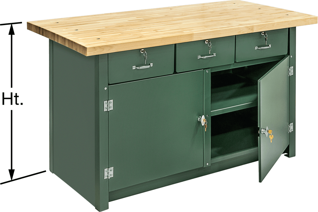 McMaster 4879T41 Heavy Duty Large-Capacity Cabinet Workbench, Stationary, Lacquer-Coated Maple Top, 72" × 30" × 33-3/4", Style A Keyed Locks