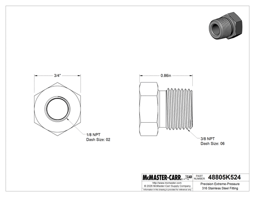McMaster 48805K524 Precision Extreme-Pressure 316 Stainless Steel Fitting Bushing Reducing Adapter, 3/8 Male x 1/8 Female NPT