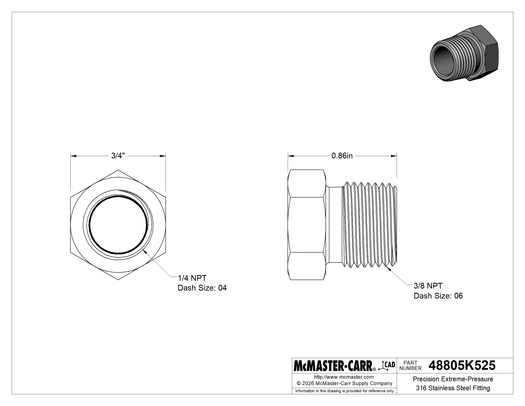 McMaster 48805K525 Precision Extreme-Pressure 316 Stainless Steel Fitting Bushing Reducing Adapter, 3/8 Male x 1/4 Female NPT