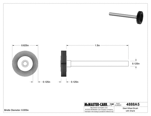 McMaster 4888A5 Steel Wheel Brush with Shank, 5/8" Diameter, 1/8" Thick