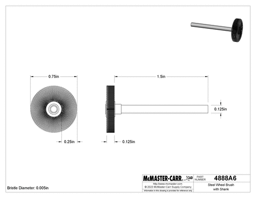 McMaster 4888A6 Steel Wheel Brush with Shank, 3/4" Diameter, 1/8" Thick