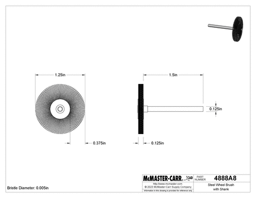 McMaster 4888A8 Steel Wheel Brush with Shank, 1-1/4" Diameter, 1/8" Thick
