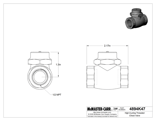 McMaster 4894K47 High-Cycling Threaded Check Valve, Bronze, 1/2 NPT Female, Class 125, 2.87 Cv