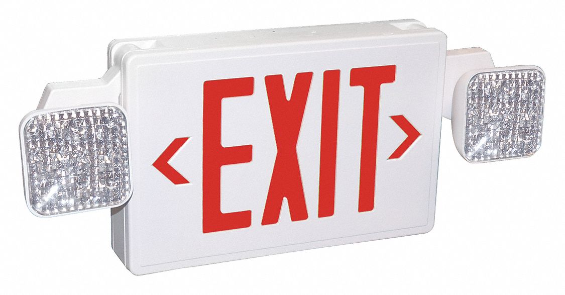Approved Vendor 489K13 Exit Sign with Emergency Lights, White, 2 Faces, Red, LED, Ceiling/Wall, Nickel Cadmium, 120/277V AC