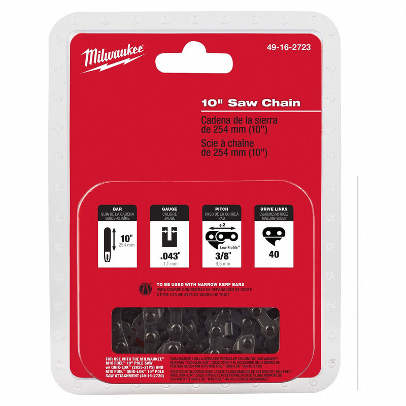 Milwaukee 49-16-2723 Chainsaw Chain, 10 in Compatible Bar Lg, 3/8 in, 0.04 in Gauge, 40 Links