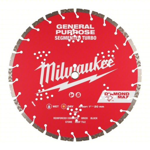 Milwaukee 49 - 93 - 9016 Diamond Saw Blade Block/Brick/Concrete/Stone, 16 in Blade Dia., 1 in Arbor Size, Wet/Dry - KVM Tools Inc.KV846AE8