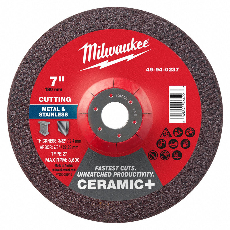 Milwaukee 49-94-0237 Cut-Off Wheel, Type 27, 7" x 1/16" x 7/8", Ceramic, 30 Grit