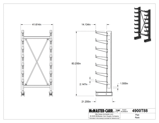 McMaster 4900T88 Cantilever Pipe Rack, Complete Unit, One Usable Side, 41-1/2" × 84" × 21", 7 Levels, Powder-Coated Steel, Gray
