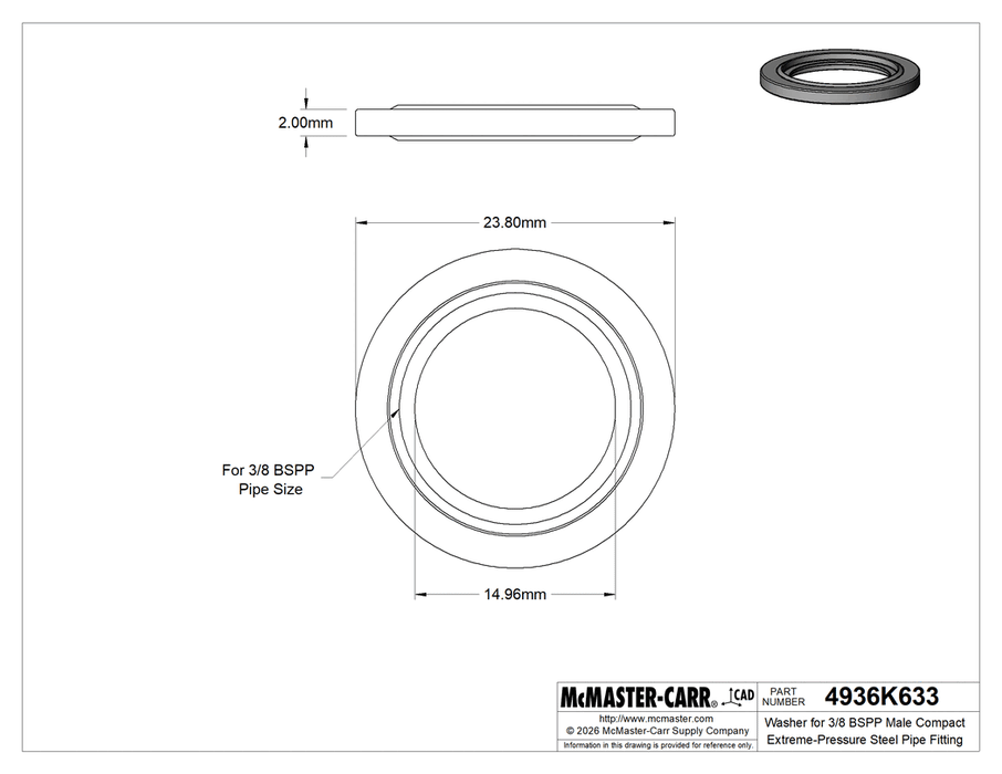 McMaster 4936K633 Washer for 3/8 BSPP Male Compact Extreme-Pressure Steel Pipe Fitting