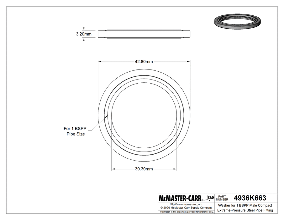 McMaster 4936K663 Washer for 1 BSPP Male Compact Extreme-Pressure Steel Pipe Fitting