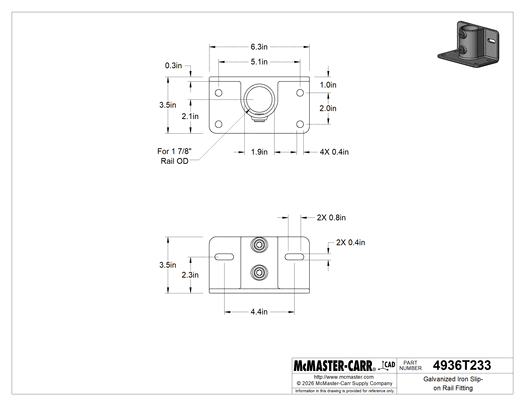 McMaster 4936T233 Galvanized Iron Slip-on Rail Fitting, L-Shaped Rail End for 1-7/8" Rail OD