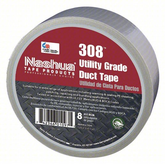 Nashua 308 Duct Tape Heavy Duty/Std Duty, 1 7/8 in x 60 yd, Silver, Continuous Roll - KVM Tools Inc.KV499L80