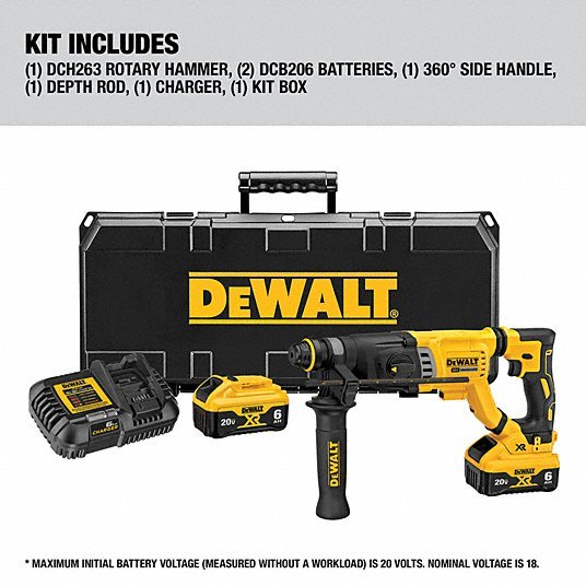DeWalt DCH263R2 Cordless Rotary Hammer D - Handle, 20 V, SDS - Plus, 1/2 in max, 6.0 Ah, 2.2 ft - lb, 4,300 bpm - KVM Tools Inc.KV499M02