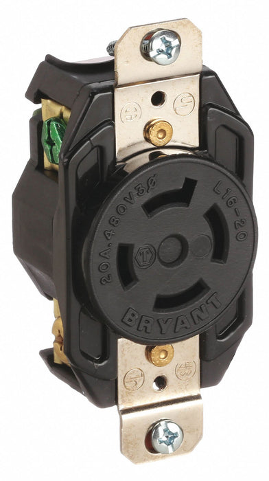 Bryant 71620FR Locking Receptacle, L16-20R, 1 Outlet, Black, 480V AC, 20 A, 3 Poles