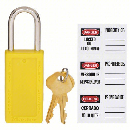 Master Lock 411YLW Lockout Padlock Keyed Different, Thermoplastic, Long Body Body Size, Metal, Std, Yellow - KVM Tools Inc.KV4FG13