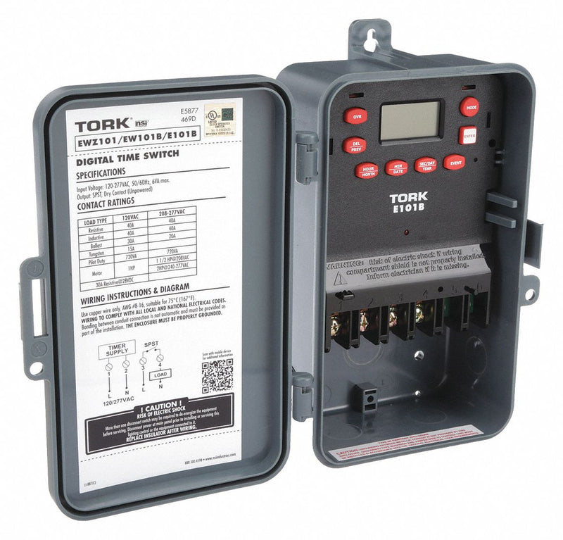Tork E101B Electronic Timer, 24 hr, Not Astronomic, 120-277V AC, SPST, Digital