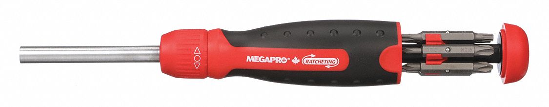 Megapro 211R2C36RD-B Ratcheting Multi-Bit Screwdriver, 13-in-1, Phillips/Slotted/Square/Torx, 8-1/2 in