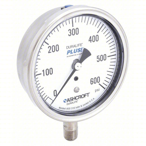 Ashcroft 351009SW02LXLL600 Industrial Pressure Gauge 0 to 600 psi, 3 1/2 in Dial, Dry Case Vibration-Dampened, Bottom - KVM Tools Inc.KV4TA69