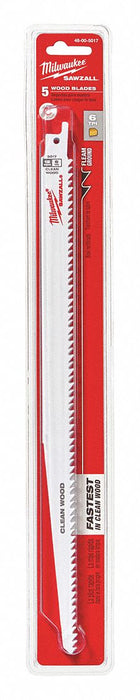 Milwaukee 48-00-5017 Sawzall Reciprocating Saw Blade, Bi-Metal, 6 TPI, 12 in Lg, Clean Wood Cutting, 5 PK