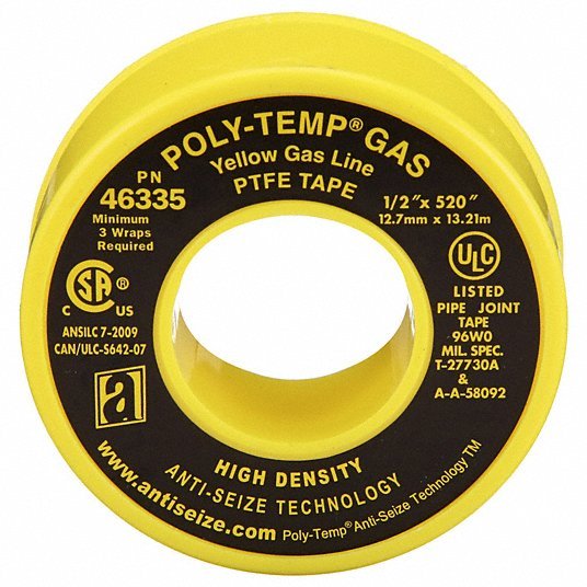 Anti - Seize 46335A Thread Sealant Tape POLY - TEMP® GAS (XHD), Extra HD, 1/2 in x 43 ft, Yellow - KVM Tools Inc.KV4UK06