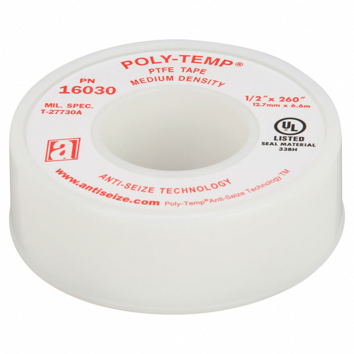 Anti-Seize Technology 16030A Thread Sealant Tape, Poly-Temp MD, Medium Density, 1/2 in x 21 ft, White, PTFE