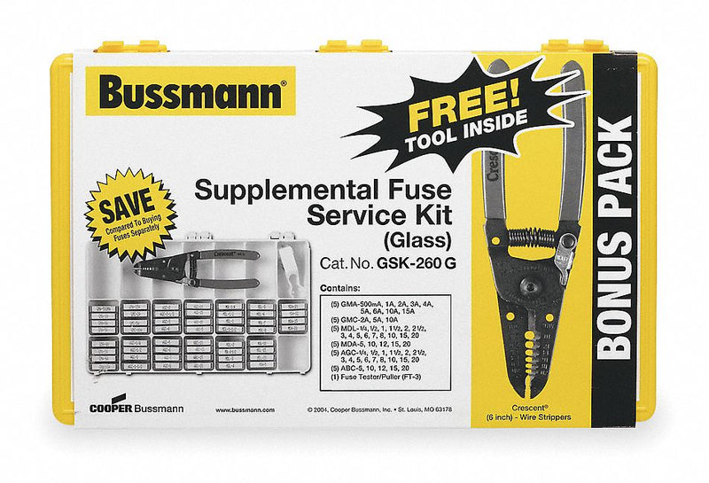 Bussmann GSK-260 Fuse Kit, Includes Series ABC/AGC/GMA/GMC/MDA/MDL, Glass Fuses, 0.25 A – 20 A Range