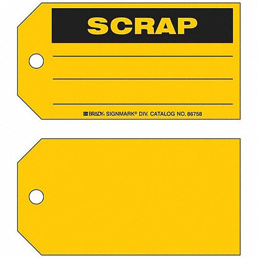 Brady 86758 Tag Scrap, 5 3/4 in Wd, 3 in Ht, Yellow, Rectangle, Paper, Indoor, English, 100 PK - KVM Tools Inc.KV4ZH21