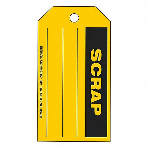 Brady 86758 Tag Scrap, 5 3/4 in Wd, 3 in Ht, Yellow, Rectangle, Paper, Indoor, English, 100 PK - KVM Tools Inc.KV4ZH21