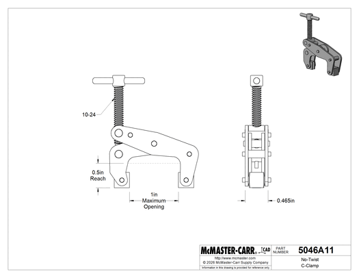 McMaster 5046A11 No-Twist C-Clamp, Steel, T-Handle, 0"–1" Opening, 350 lb Capacity