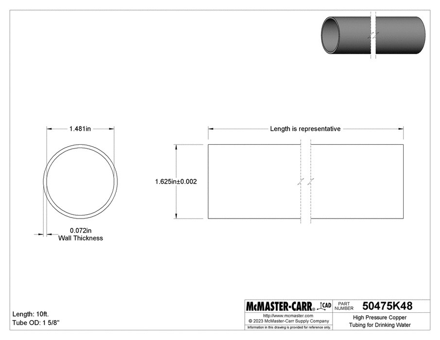 McMaster 50475K89 High Pressure Copper Tubing 10 ft for Drinking Water 3/4 Tube Size, 7/8" OD, 0.065" Wall Thickness