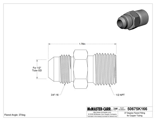 McMaster 50675K166 37 Degree Flared Fitting for Copper Tubing Adapter for 1/2" Tube OD x 1/2 NPT Male