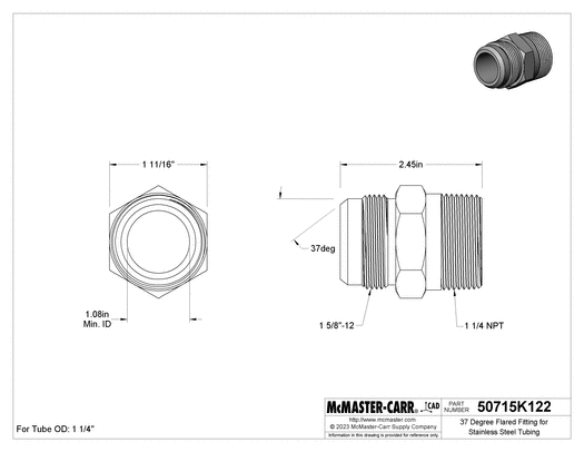 McMaster 50715K122 37 Degree Flared Fitting for Stainless Steel Tubing Straight Adapter for 1.25" Tube OD x 1-1/4 NPT Male