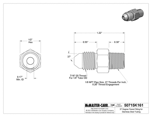 McMaster 50715K161 37 Degree Flared Fitting for Stainless Steel Tubing Straight Adapter for 1/4" Tube OD x 1/8 NPT Male