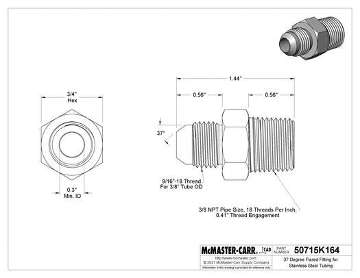 McMaster 50715K164 37 Degree Flared Fitting for Stainless Steel Tubing Straight Adapter for 3/8" Tube OD x 3/8 NPT Male