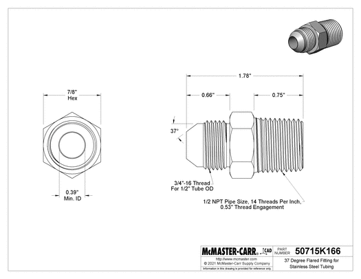 McMaster 50715K166 37 Degree Flared Fitting for Stainless Steel Tubing Straight Adapter for 1/2" Tube OD x 1/2 NPT Male