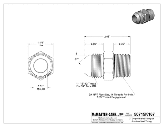 McMaster 50715K167 37 Degree Flared Fitting for Stainless Steel Tubing Straight Adapter for 3/4" Tube OD x 3/4 NPT Male