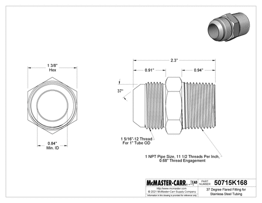 McMaster 50715K168 37 Degree Flared Fitting for Stainless Steel Tubing Straight Adapter for 1" Tube OD x 1 NPT Male