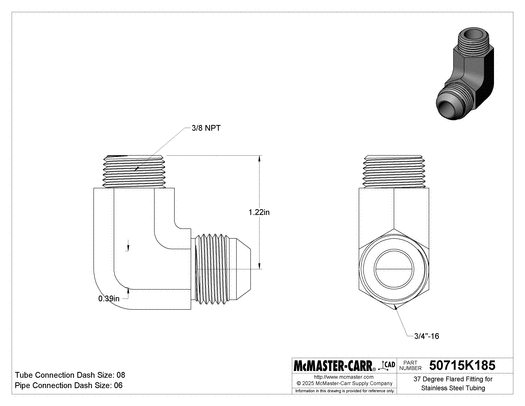 McMaster 50715K185 37 Degree Flared Fitting for Stainless Steel Tubing 90 Degree Adapter for 1/2" Tube OD x 3/8 NPT Male